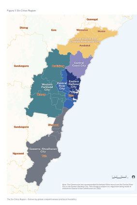The Greater Cities Commission’s map of “Australia’s first global city region”, included in Thursday’s discussion paper, which does not mention Sydney.