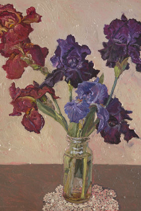 Bearded Iris by Lucy Culliton (2018): The artist enjoys the challenges of painting flowers in a vase.