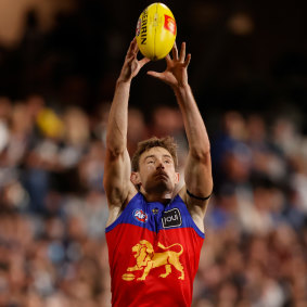 Harris Andrews in action earlier this season against the Cats in round 4.
