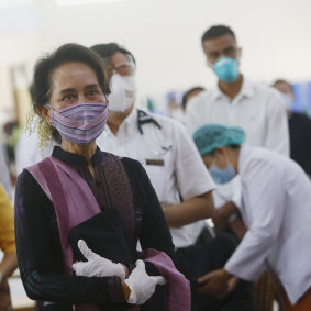 Aung San Suu Kyi last week inspecting the vaccination processes of health workers at a hospital in Naypyitaw, Myanmar. 