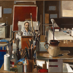 Evan Salmon’s Studio interior, reflection (self-portrait).