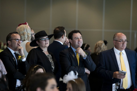 Ministers trackside:  Marise Payne,    Stuart Ayres and  David Elliot at the  Inaugural Golden Eagle Day at Rosehill Racecourse in Sydney. 