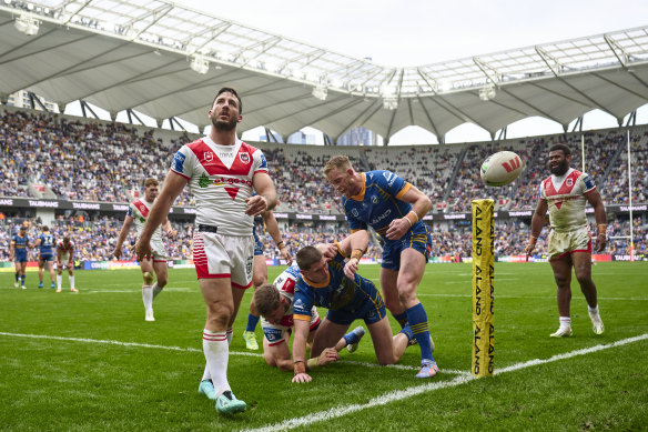 A disappointed Ben Hunt looks to the heavens after Sean Russell’s try for Parramatta.