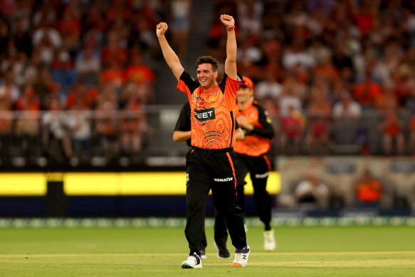 Pace bowler Jhye Richardson celebrates a wicket for the Perth Scorchers.