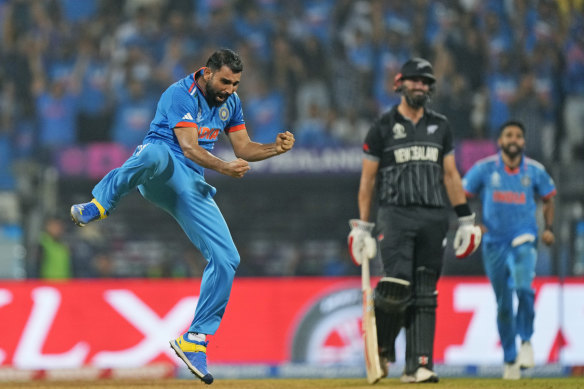 India’s Mohammed Shami celebrates the wicket of New Zealand’s Tom Latham.