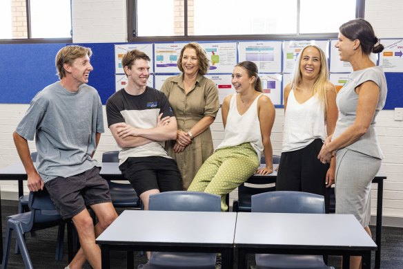 Year 12 students at St John Bosco Collage Engadine –  Liam Blair, Tayla Campbell, Sienna Robertson and Thomas Smart – meet principal Jenny Fowler and english head Diana Buic after receiving their HSC results and ATAR today.