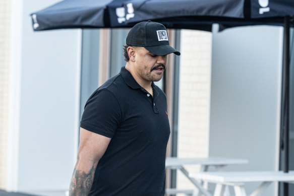 D-Day … Latrell Mitchell arrives at South Sydney headquarters on Tuesday morning.