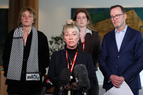 Juliet Lamont, centre, said she was raped by Israeli troops. She appeared at a press conference on Thursday with flotilla participants Gemma O’Toole and Neve O’Connor and Greens senator David Shoebridge. 
