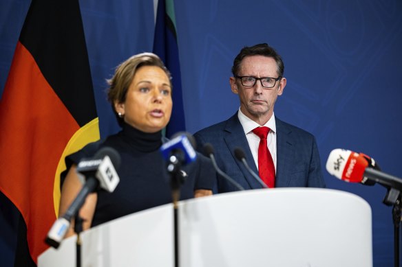 Communications Minister Michelle Rowland and Assistant Treasurer Stephen Jones’ at Meta’s Australian News Content announcement press conference in Sydney.