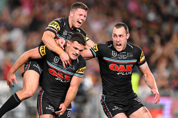 Nathan Cleary is mobbed by teammates after scoring what proved to be the match-winning try in this year’s grand final.