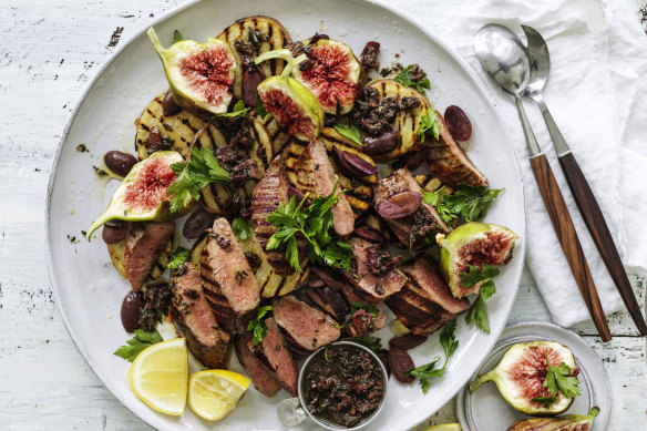 Lamb backstrap with olive dressing, charred potatoes 
and figs.