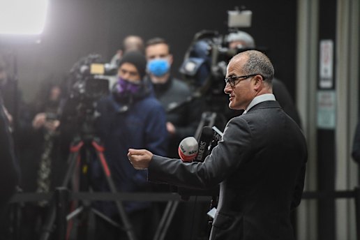 Acting Premier James Merlino at today’s press conference.