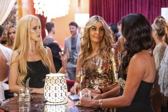 The Real Housewives of Sydney’s Martine Chippendale (left) and Kate Adams catch up with Krissy Marsh (right). 