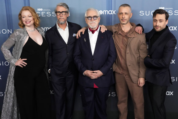 Succession cast members Sarah Snook, Alan Ruck, Brian Cox, Jeremy Strong and Kieran Culkin at the season four premiere in New York on Monday. 