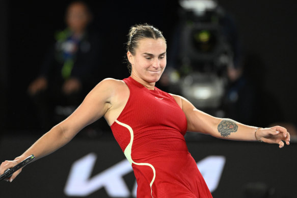 Aryna Sabalenka celebrates her passage into another Australian Open women’s singles final.
