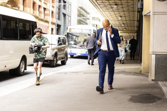 Sports agent Isaac Moses leaves court after giving evidence in support of Kurtley Beale at his sexual assault trial.