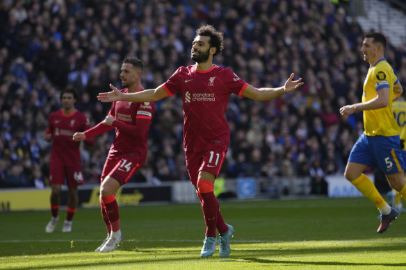 Mohamed Salah celebrates Liverpool’s second goal.