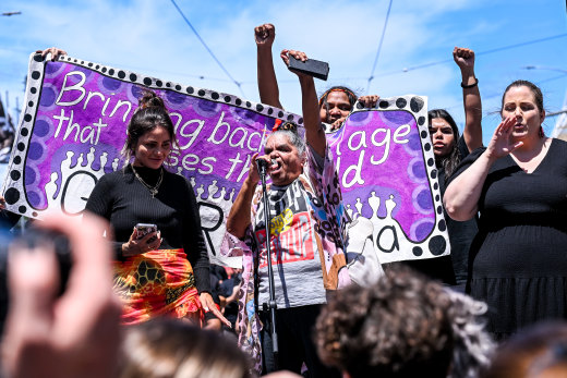 Alkira Austin (left) with Aunty Rieo Ellis from GMAR (Grandmother Against Removal) at the rally.