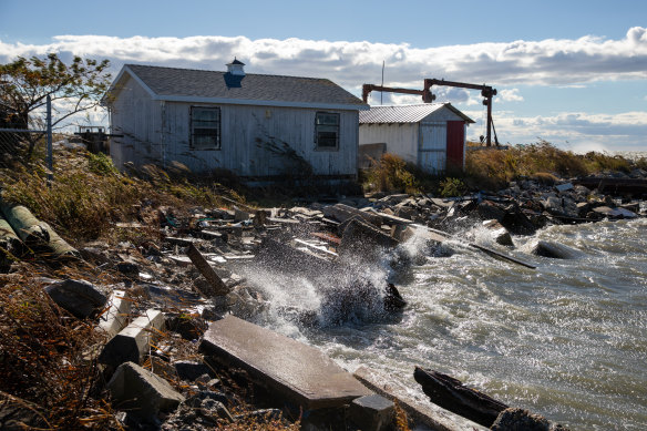 Waves break on the shoreline on Tangier Island.