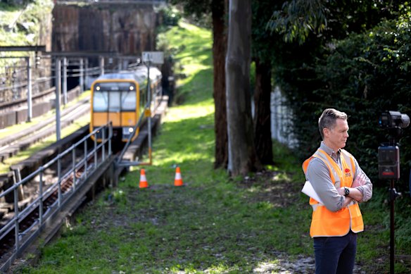 Premier Chris Minns at the site of the planned heavy rail station at Woollahra on Sunday.