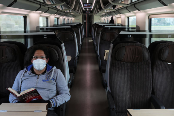 A lone passenger on a train from Venice to Rome this week.