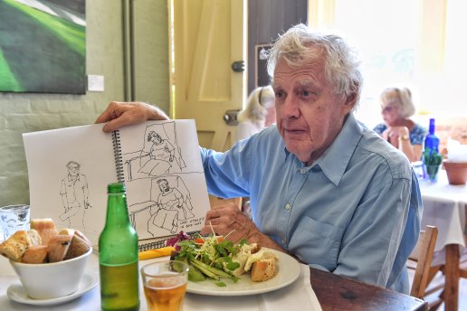 Lunch with artist  Peter Kingston at the Erwin Gallery Cafe, 2020.