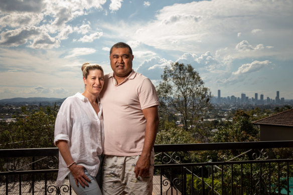 Toutai Kefu with his wife Rachel at their home on Buena Vista Avenue in Coorparoo, in Brisbane’s south.