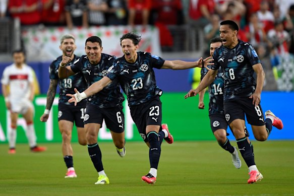 Paraguay’s Matias Galarza celebrates after scoring the only goal of the game against Turkey.