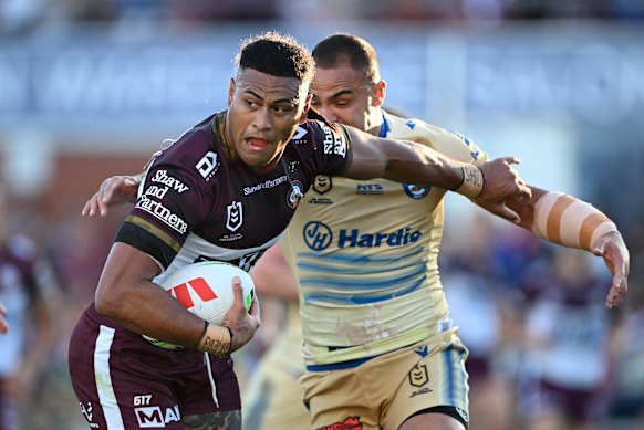 Beast mode: Haumole Olakau’atu was outstanding in Manly’s win.