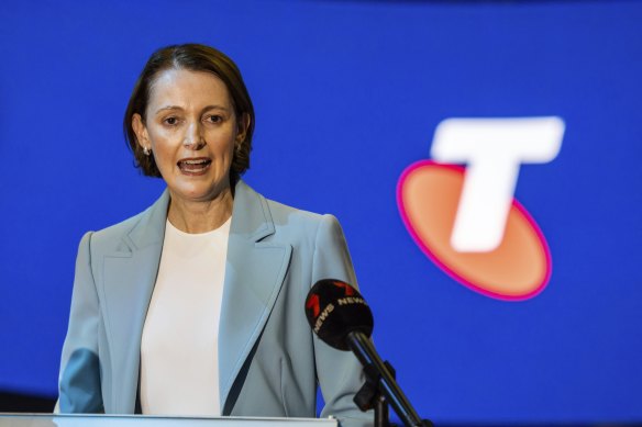 Telstra CEO Vicki Brady speaks to reporters.