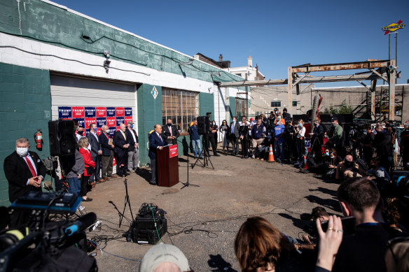 Attorney for the President, Rudy Giuliani speaks to the media at a press conference held in the car park of a landscaping company in Philadelphia, Pennsylvania, on November 7. 