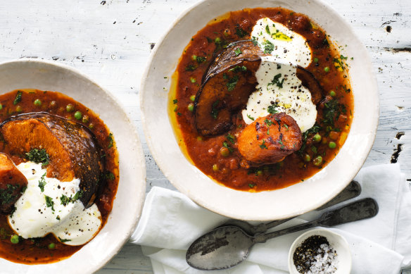 Roast pumpkin and yam with tomato, pea and chilli sauce.