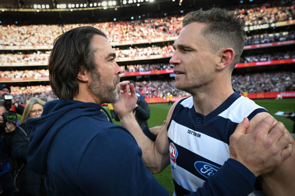 Chris Scott and Joel Selwood after the siren.