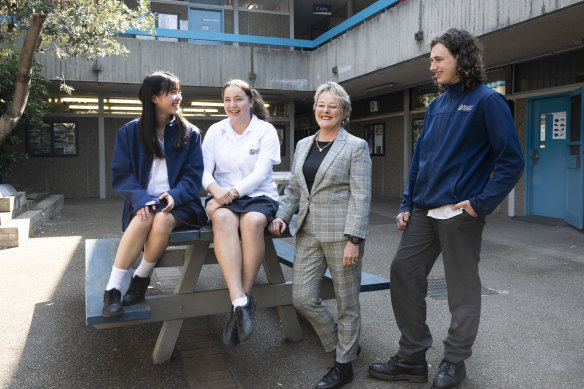 Killarney Heights High School students Kimi Wong, Maya Le Boursicot, and Willow Salgo with principal Hayley Emmerton.