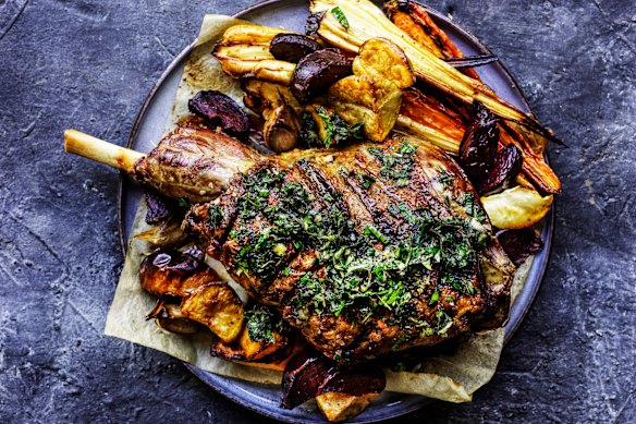 Karen Martini's leg of lamb roasted on root vegetables.