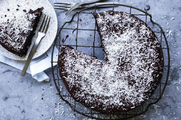 Chocolate, marmalade and coconut cake.