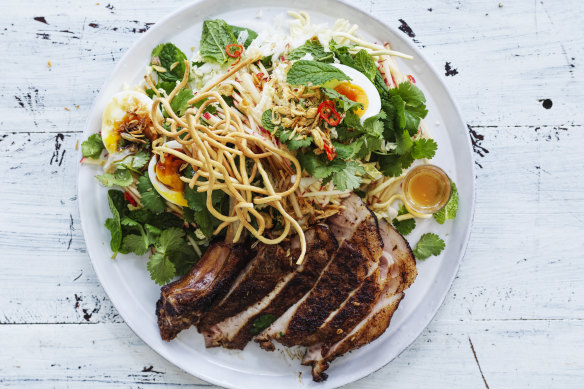 Five-spice pork chops with wombok and pickled apple slaw.