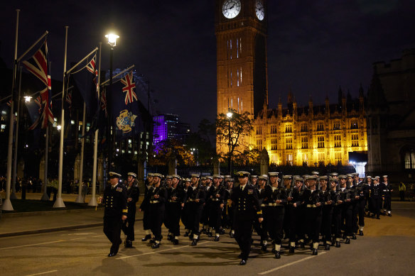 Soldiers march through Parliament Square during a rehearsal on September 15, 2022 for Queen Elizabeth II’s funeral in London, England.