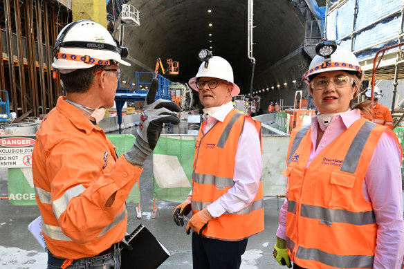 Prime Minister Anthony Albanese (centre) and Queensland Premier Annastacia Palaszczuk inspect the Cross River Rail project on Wednesday.