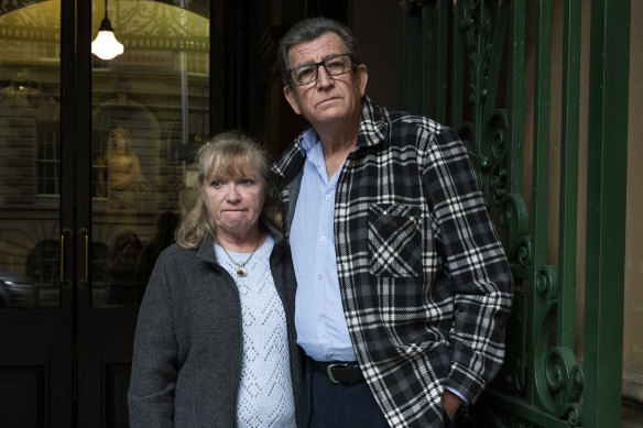 Donna Hannah and Peter Russell, sister-in-law and brother of John Russell, outside the Special Commission of Inquiry into LGBTIQ hate crimes in Sydney on Wednesday.