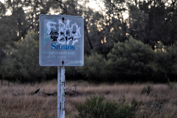 Anti-CSG graffiti on a sign near the Wilga Park Power Station near Narrabri. Santos says there will be no fracking occurring in the Narrabri region.