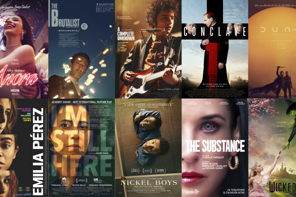 The 10 films nominated for the best picture Oscar: ( top row from left) Anora, The Brutalist, A Complete Unknown, Conclave, and Dune: Part Two; (bottom row from left) Emilia Perez, I’m Still Here, Nickel Boys, The Substance, and Wicked.