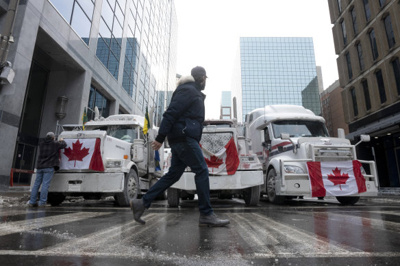 Trucks block a street in downtown Ottawa, Ontario.