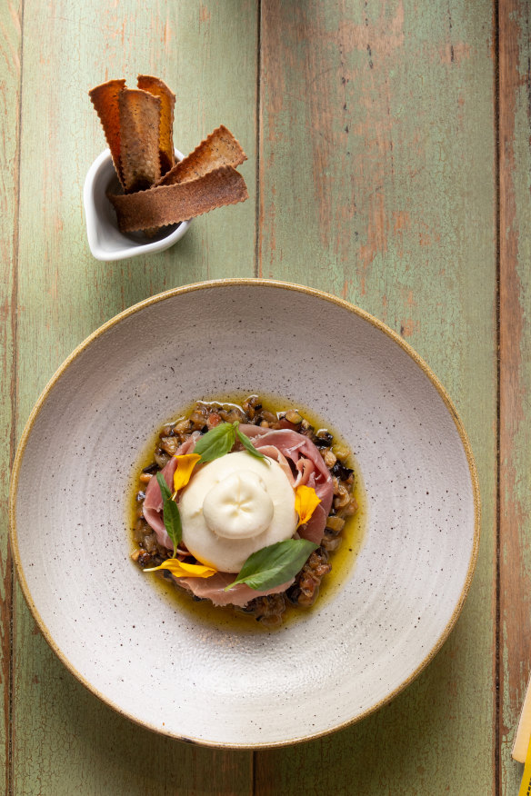 Burrata with prosciutto and eggplant caponata.