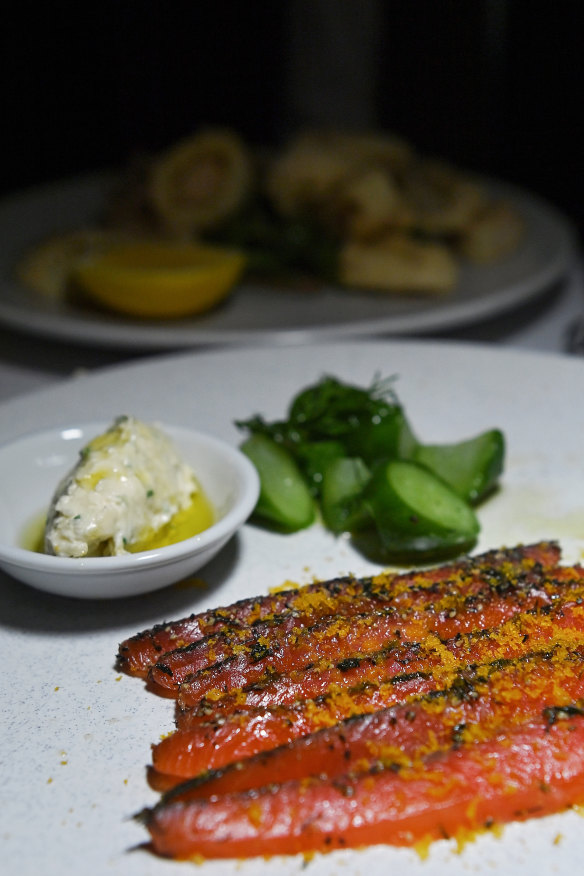 Gin-cured Mount Cook salmon with cucumber pickle and horseradish.
