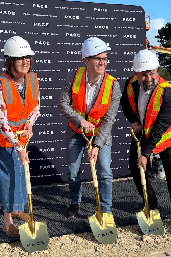 Frankston mayor Sue Baker, left, with Pace sales and marketing director Will Mitchell and construction director Zafer Tillem. 