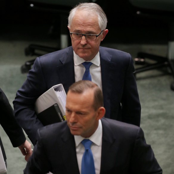 Then-Prime Minister Tony Abbott and Malcolm Turnbull on September 14, 2015. Turnbull defeated Abbott in the leadership ballot that night.
