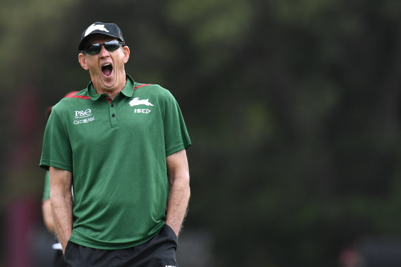 Wakey-wakey: Wayne Bennett takes in his first training session as Souths coach.