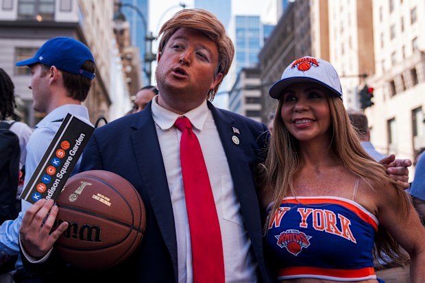 An impersonator of US President Donald Trump outside MSG.