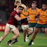 Tom Curry gets away with a mid-air tackle on Tom Lynagh at Suncorp Stadium.